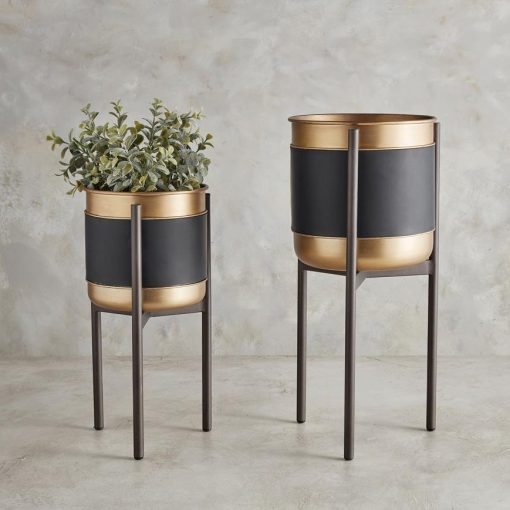 Large Gold and Black Plant Stand with Faux Leather Accent - Black / Beige